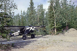 Přivázané letadlo ke stromu - typický obrázek z Alijašky